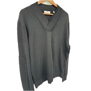 Murano Collezione Mens XL Black 100% Merino Wool Moto Biker Ribbed Panel Sweater